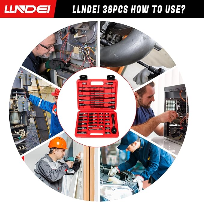 LLNDEI 1/4" Drive Socket Set & Nut Driver Set with Ratchet 38Pcs SAE 5/32" | 1/4" Sockets Deep&Shallow SAE 5/32" to 9/16" with Ratchet, Hex Shank 6" Long Nut Drivers(1/4"-9/16") for Drill Bits(PH1 PH2)