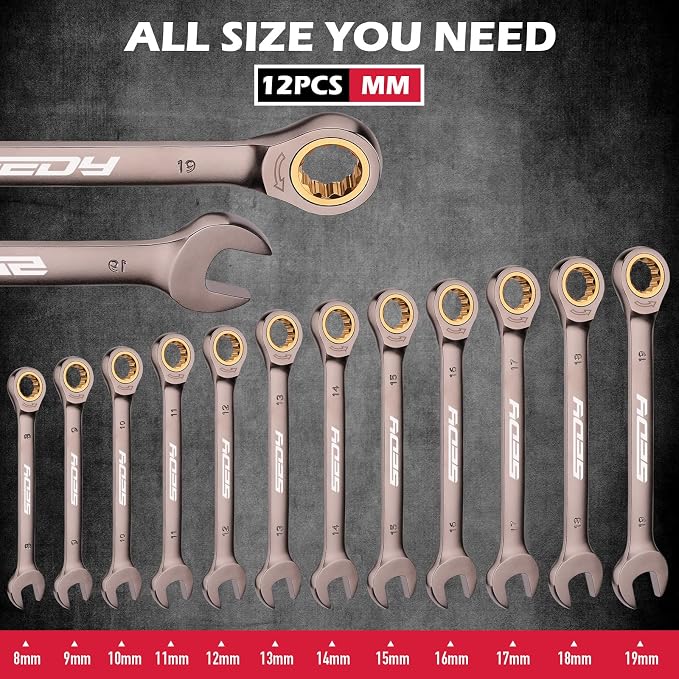 Premium 12-Piece Metric Ratchet Wrenches Set with Magnetic Organizer 8mm-19 mm, 72-Tooth Ratcheting Wrench Set, Cr-V Steel Ratchet Combination Wrench Set for Automotive, Machine Repair