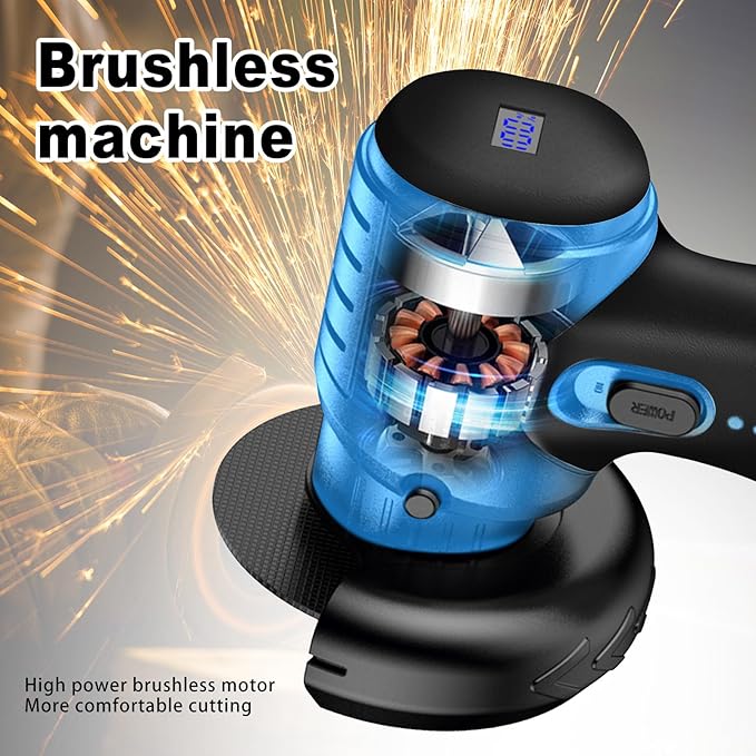 ZFULVO Brushless Cordless Angle Grinder Kit, 19500rpm Mini Electric Angle Grinding Tool with 2x16.8V 2000mAh Battery and 6-Cutting Discs, Grinder Handheld Cutter for Metal Wood