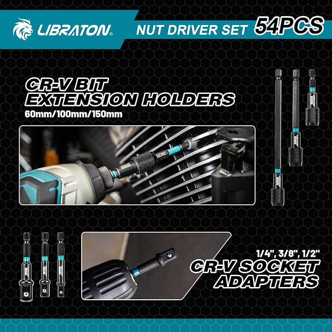 LIBRATON 54PCS Magnetic Nut Driver Set, Impact Drill Driver Bit 1/4", Metric & SAE Nut Drivers for Impact Drill, Socket Adapters, Screwdriver Bit, Quick-Release Extension, Wing Nut Driver, Storage Box