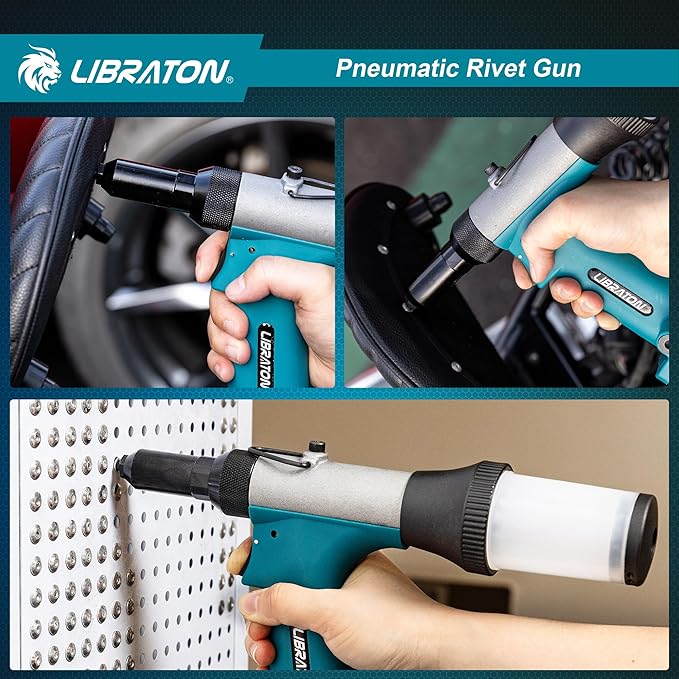 LIBRATON Pneumatic Rivet Gun Kit, Heavy Duty Air Riveter Tool 3/32", 1/8", 5/32", 3/16" with 200 Rivets, Air Hydraulic Pop Rivet Gun for Automotive Repair, Self-Suction Design