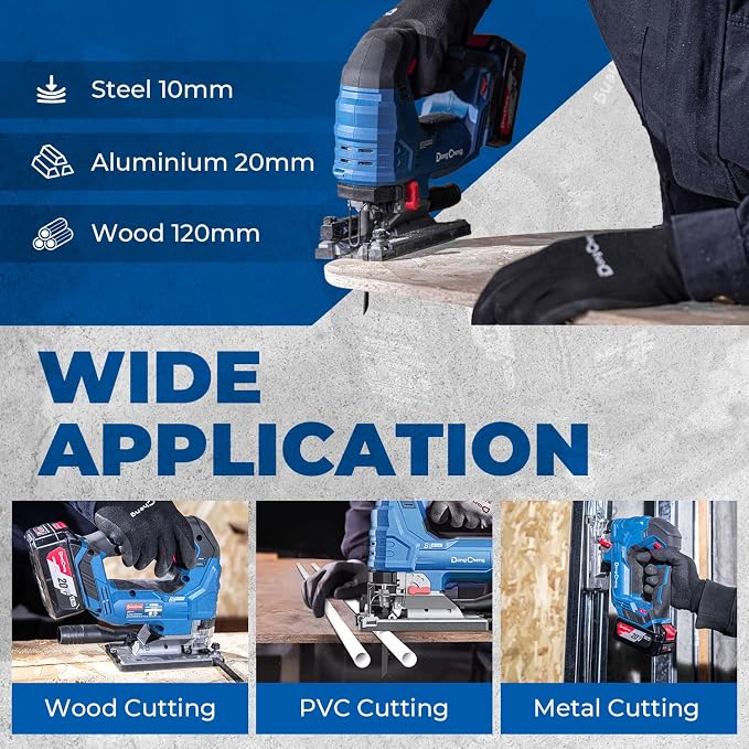 DongCheng 20V Brushless Jigsaw, 800-3500 SPM, 26mm Stroke, 0-45° Bevel | 4Ah Battery & Fast Charger | 6 Blades Kit, Guide Rail, Tool Bag Included for Wood, Metal Cutting
