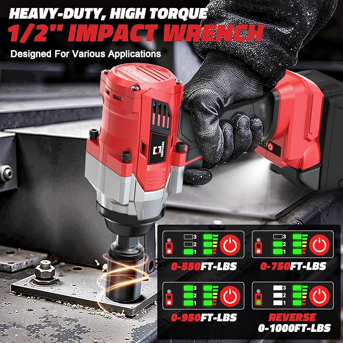 Cerycose Cordless Impact Wrench 1/2 inch Compatible with Milwaukee 18v Battery Brushless High Torque Impact Driver Gun with 1000 Ft-lbs Torque, LED Work Light, Ergonomic Design Heavy-Duty
