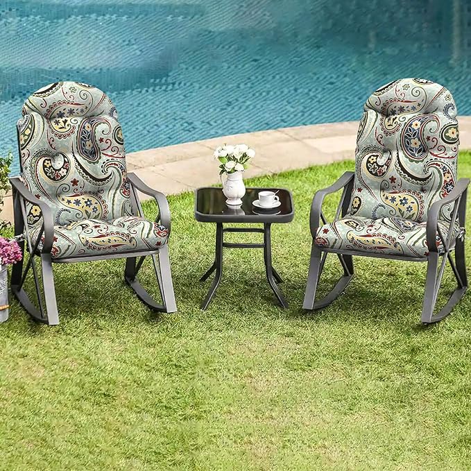 LVTXIII 2 Pack Outdoor Adirondack Chair Cushions, 44x19x4 Inch Water Repellent Patio Cushions for Rocking Chairs, Thick Tufted High Back Seat Cushion Set, Paisley Light Cyan