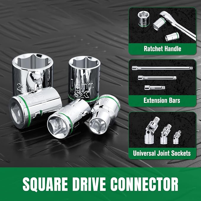 SK 3/8" Drive Socket Set, Metric Sockets, 13-Piece 8-20mm | SuperKrome Finish, Premium CR-V Steel, with Aluminum Socket Organizer