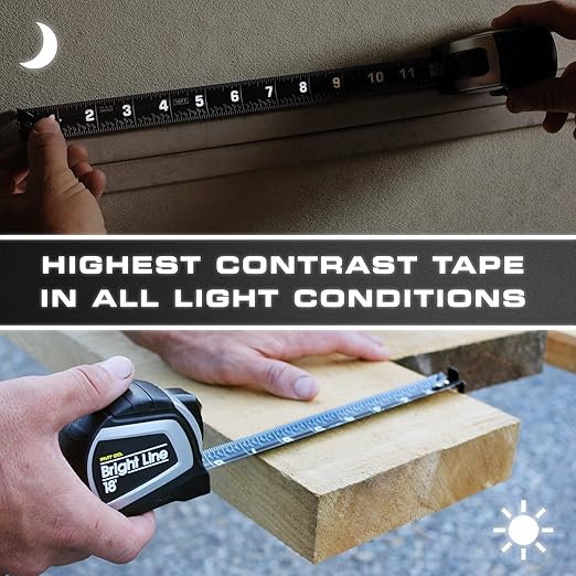 Perfect Measuring Tape - BrightLine High Contrast Dark Mode Easy Read Tape Measure for Low Light Visibility - Heavy Duty Rubber Case 18ft (Inch Fractions) Dual Sided Auto Lock Tape Measure Retractable