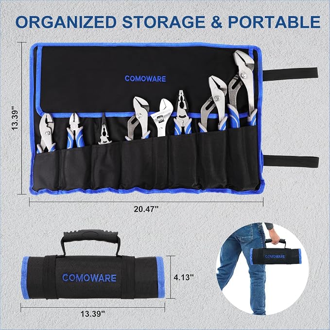 COMOWARE 8Pcs Pliers Set, 12", 10", 8" Groove Joint Pliers, 8" Adjustable Wrench, 8" Linesman, 6" Long Needle Nose, 6" Slip Joint, 6" Diagonal, Roll-Up Pouch Organizer, Rust-proof Black Oxide Coating