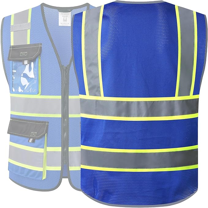 JKSafety Hi Vis Reflective Safety Vests for Men Women High Visibility Vest with Pockets Mesh Fabric Construction Safety Apparel Neon Vest for Work (220-Blue XL)