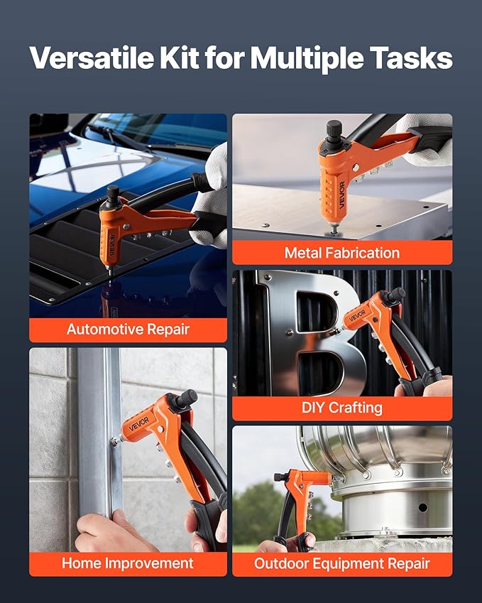 VEVOR Rivet Nut Tool Kit, 9-Inch One-Handed Rivnut Tool Kit, with 8 Mandrels, a Step Drill Bit and 80 Nuts, Metric and SAE Size M3, M4, M5, M6, 6-32, 8-32, 10-24, 1/4-20 UNC, with a Carrying Case