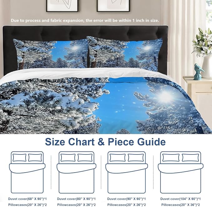 Batmerry Winter Snow-Covered Scene King Size 100% Cotton Duvet Cover Sets, Sunny Day Pine Trees Bedding Set with Zipper Closure Corner Ties, 3 Pieces (1 Cover + 2 Pillowcases No Comforter)