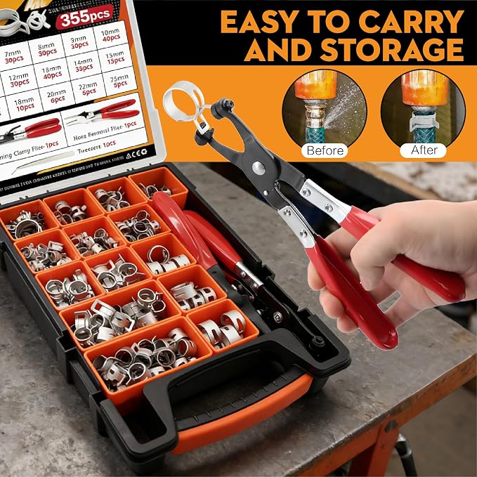 355Pcs Spring Band Hose Clamp Assortment Kit, 6-25mm 15 Sizes Carbon Steel for Fuel Line, Vacuum & Silicone Hoses, Automotive & DIY, with Swivel Jaw Pliers & Removal Tool