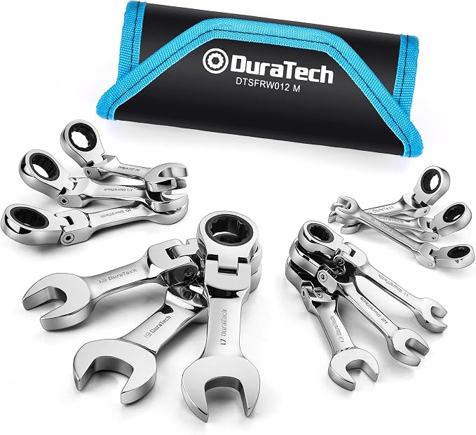 DURATECH Stubby Flex-head Ratcheting Wrench Set, Metric, 12-piece | 8mm-19mm, CR-V Steel, Corrosion Resistance, 72-Tooth, 5° swing arc, 180° Flexible, for Narrow Spaces, with Pouch