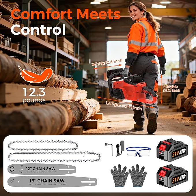 12" & 16" Electric Chainsaw Cordless, 21V Battery & Fast Charger,Brushless Chain Saw Kit with Safety Goggles and Gloves，Auto Oiling for Tree Pruning and Wood CuttingBranch