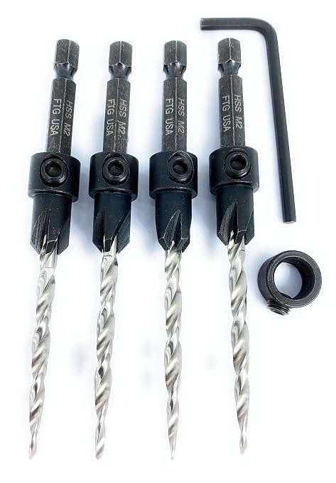 FTG USA Countersink Drill Bit Set 4 Pc #8 (11/64") Wood Bit, Tapered Bit, Stop Collar, Hex Wrench for Woodworking