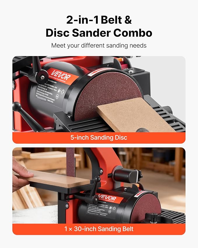 VEVOR 5" Disc Sander & 1" x 30" Belt Sander, 250W Benchtop Belt Disc Sanders Combo with 0-45° Adjustable Worktable & Dust Collection Ports for Woodworking, Furniture Refinishing, DIY Crafting
