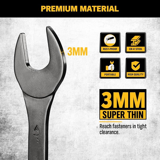 ELEAD 9-Piece Super-Thin Open End Wrench Set, SAE 1/4"-1-1/16", CR-V Nickel Plated, 3 mm Thickness Ultra-Slim Wrench Set for Tight Spaces, Durable Roll-Up Pouch for Mechanics
