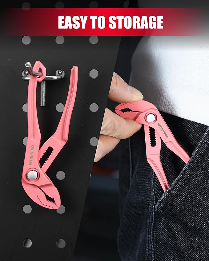 WORKPRO Mini Water Pump Pliers, 4-Inch Groove Joint Pliers, Fast Adjustable Tongue and Groove Plier with 15-Position Push-Lock, V-Jaw for Multi-Surface Grip, EDC Plier for Tight Spaces & Versatile Use