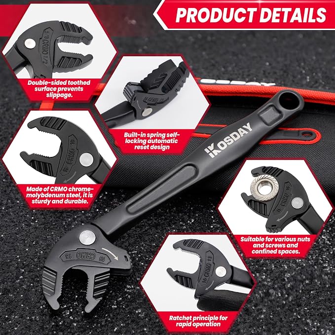 4-Piece Self Adjusting Wrench, Self-setting Spanner with Automatic Continuous Gripping for 1/4"-3/4" (7-19mm) Pipe Fittings Nuts and Bolts