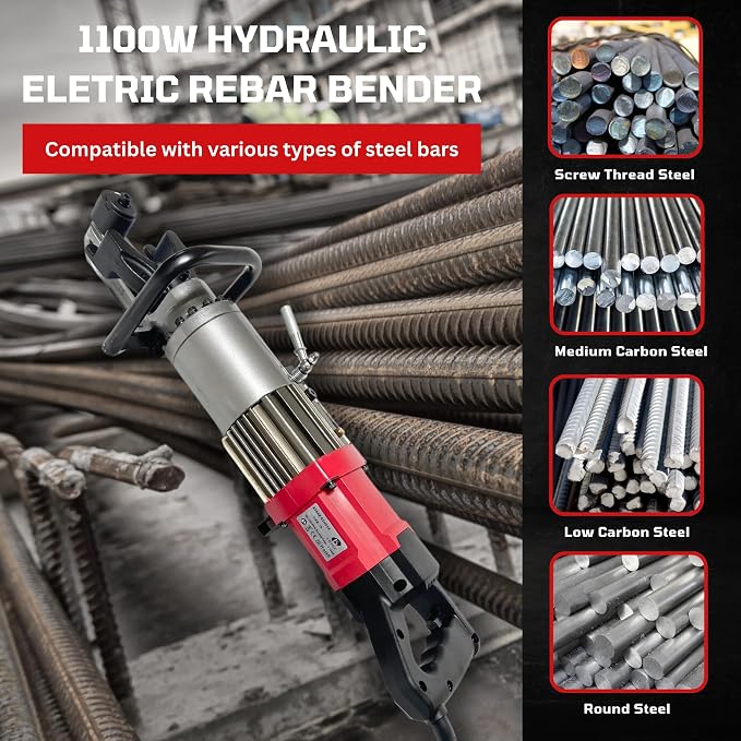 LOTOS HRB-16 Electric Rebar Bender 1100W Portable Hydraulic Electric Rebar Bend 5/8" 16mm #5 Rebar within 3 Seconds, 110/120V