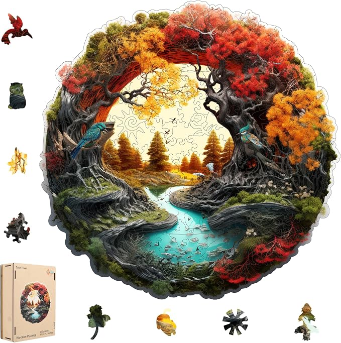MEATRN Tree River 200 Pieces Wooden Puzzles for Adults - Autumn Landscape Jigsaw Puzzle with Colorful Trees and Flowing River, Family Night Fun, 11.2x11.1 in