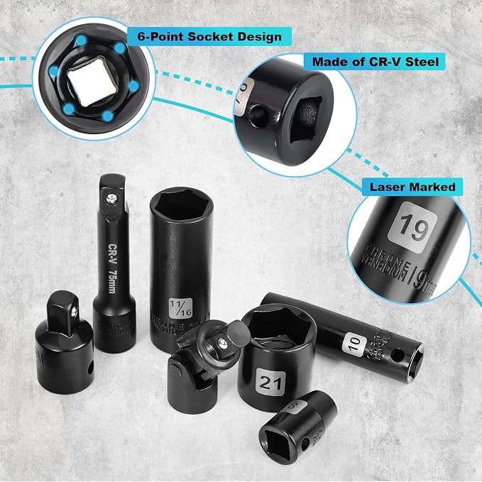 Impact Socket Set, 3/8 Socket Sets 50 Piece SAE and Metric Set, Cr-MO | Steel Standard SAE (5/16 to 3/4 inch) and Metric (8-22mm) 6 Point, 3 8 , Extension Bars, Impact Universal Joint, Adapter