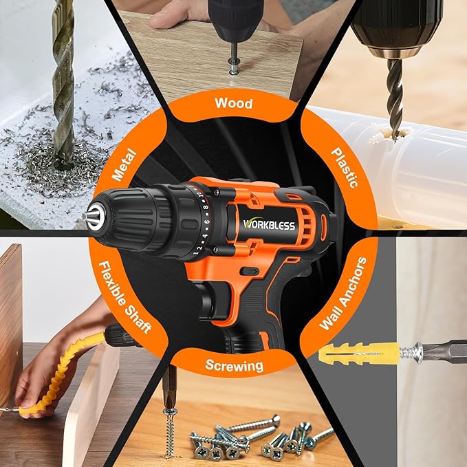 WORKBLESS 21V Power Drill Set, Cordless Drill with Battery and Charger, 3/8'' Keyless Chuck, Variable Speed, 18+1 Torque Setting and 28pcs Bits Tool Set(Orange, 1 Battery)