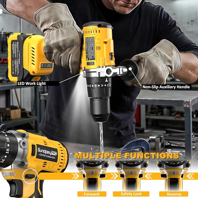 1060In·lbs Cordless Power Drill - 21V Brushless Hammer Drill Set w/ 2×4.0Ah Battery, 20+3 Torque, 2 Speed, 1/2" Metal Chuck for Home DIY Woodworking Thin-Metal Brick Light-Concrete Drilling