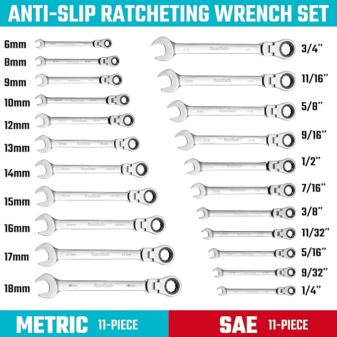 DURATECH Flex Head Ratcheting Wrench Set, 22-piece, Metric & SAE | Combination Wrench Set, 1/4" to 3/4" & 6-18mm, CR-V Steel, Mirror Polished, With Pouch