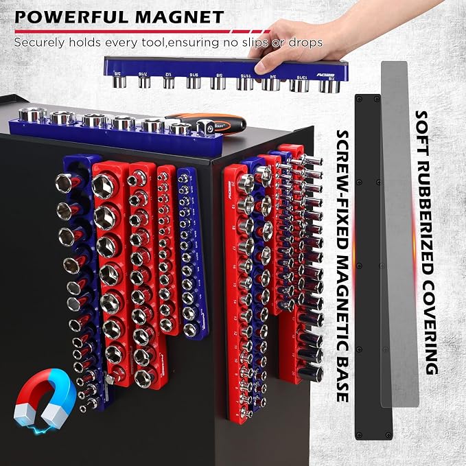 SEDY 12-Piece 1/4" 3/8" 1/2"-Drive SAE & Metric Magnetic Socket Organizer Set (Holds 143 Sockets) -Detachable Tool Tray with 5mm Magnetic Base for Garage/Home(Sockets Not Included)