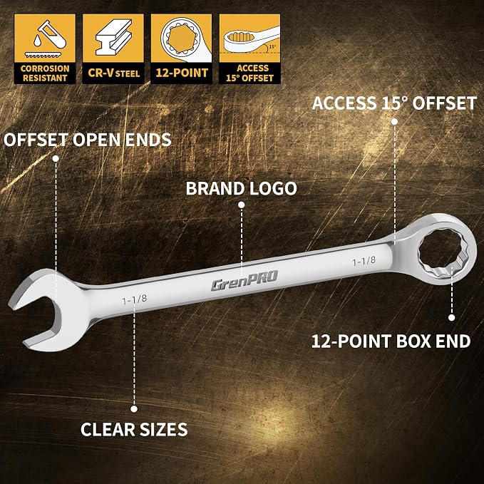 GRENPRO 7PC SAE Large Wrench Set Combination Open End Wrench Big Wrenches | Includes 15/16" 1" 1-1/16" 1-1/8" 1-3/16" 1-1/4" Long Wrenches, 15° Offset 12pt Box End, Roll-Up Pouch & Gauge, CR-V Steel