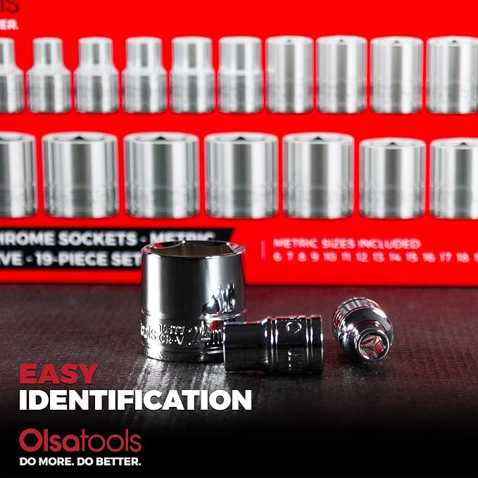 Olsa Tools 3/8-Inch Drive SAE Deep Socket Set - 19pc | 6-Point Chrome Vanadium Sockets, 6mm–24mm, No Skipped Sizes - Professional-Grade SAE Socket Sets - Part: 1328