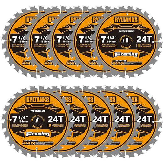 7-1/4 Inch Circular Saw Blade, 24T for Framing with 5/8" Arbor, Fast Wood Cutting, 10-Pack