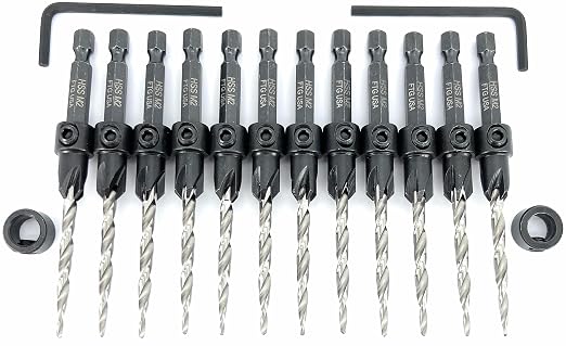 FTG USA 12 Pc #8 (11/64") Countersink Drill Bit Set with Depth Stop Collar, Hex Wrench - Tapered Drill Bits for Wood