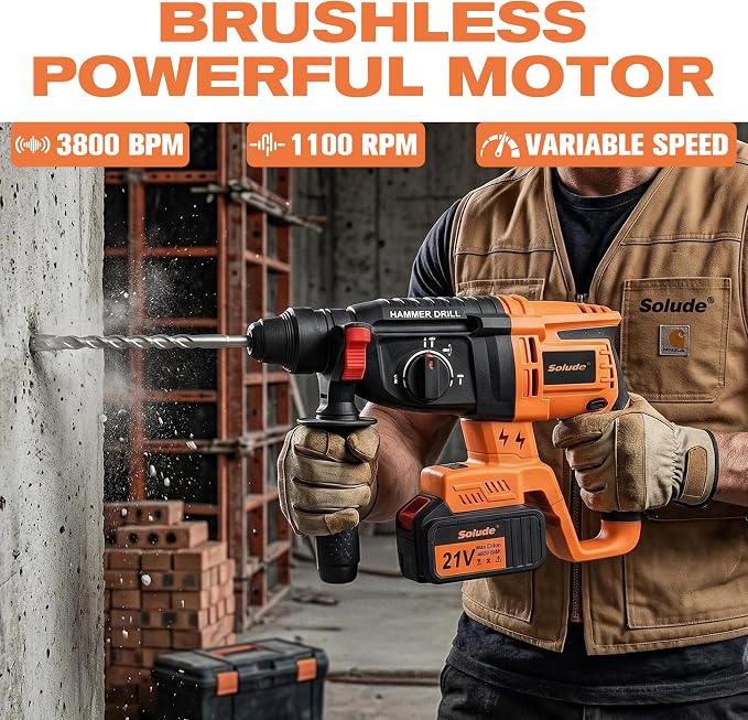 21V Cordless Rotary Hammer Drill with 2 Pack 6Ah Batteries, SDS-Plus Hammer Drill for Concrete Demolition Chipping Rotomartillo Home Renovation with Brushless Motor,4 Working Modes