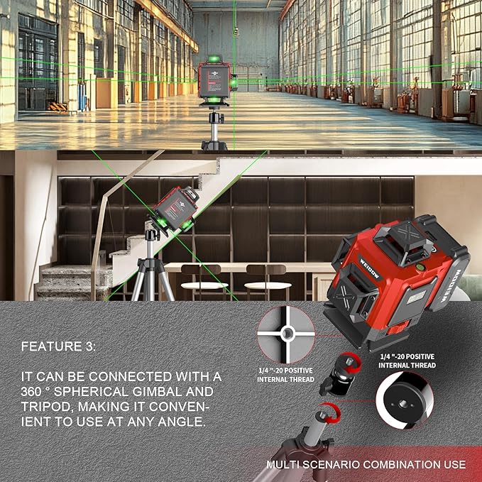 weiddw Laser Level with Tripod, Self Leveling Laser Level 4x360°, Green Line Laser 4D Laser Leveler Tool with 2Pcs Lithium Batteries for Picture Hanging, Tile, Home Renovation, Indoor