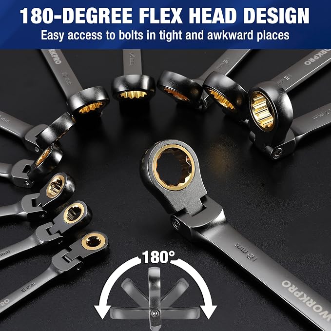 WORKPRO 22-Piece Ratcheting Wrench Set, Flex-Head & Nickel Plating | Metric & SAE (6-18 mm & 1/4-3/4''), 72 Teeth Cr-V Steel, Combination Wrench Set with Organizer Box for Auto Repair & Home DIY