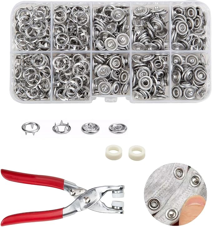 100 Sets Metal Snaps Buttons with Fastener Pliers Press Tool Kit Perfect for DIY Crafts Clothes Hats and Sewing(Silver Hollow Prong Snaps)