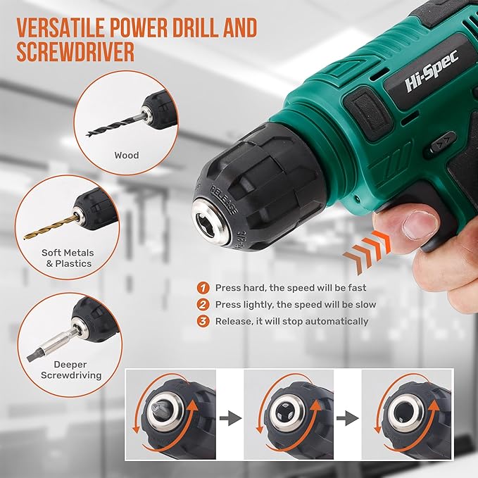 Hi-Spec 8V USB Power Drill Driver Screw Drill Bit Set. Cordless & Rechargeable Electric Drill Driver with Wall Hanging Kit,Green