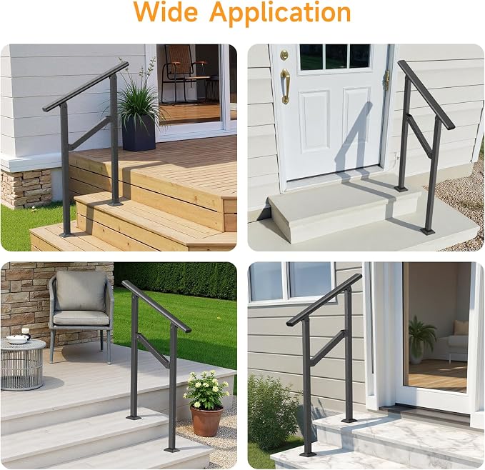 Hand Rails for Outdoor Steps 2-5 Steps Wrought Iron Handrails | Stair Railing for Porch, Home, Garden, Indoor, Staircase Handrails for Wooden, Cement, Brick, Marble (2 Steps)