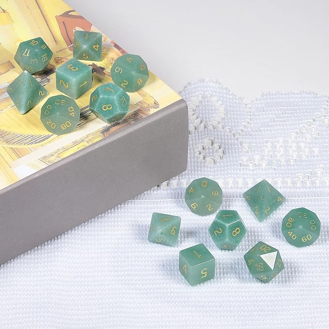 mookaitedecor 7 PCS Green Aventurine Crystal Polyhedral DND Dice Set, Polished Tumbled Stones Dices for RPG MTG Table Games Home Decoration