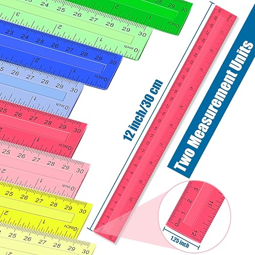 200 Pcs Rulers Bulk, 12 Inch Plastic Assorted Color Clear Rulers with Inches Centimeters Millimeter. Measuring Drawing Tool for Kids, Ideal Back to School Classroom Office Home Supplies