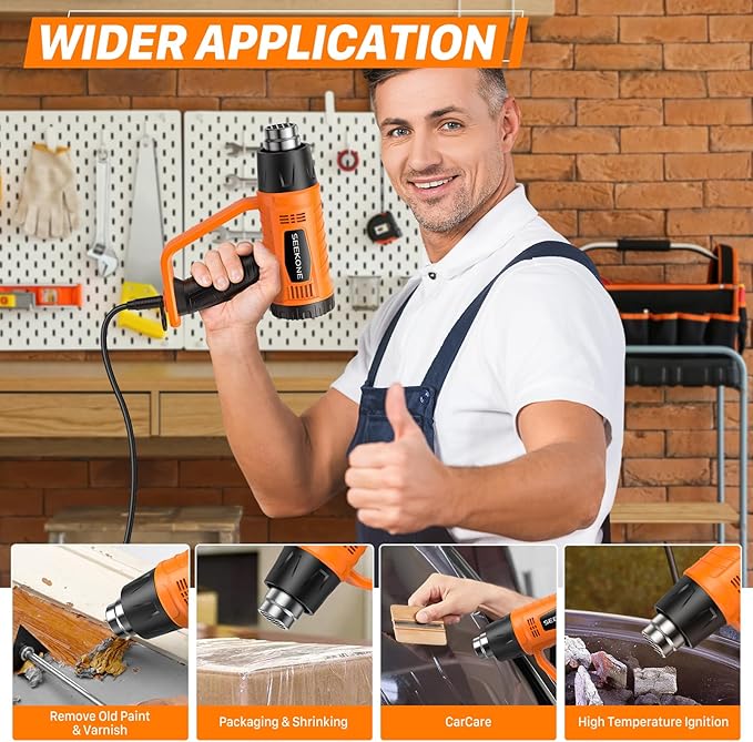 SEEKONE Heat Gun 1800W Heavy Duty Fast Heat Hot Air Gun Kit with 752℉&1112℉（400℃-600℃） Dual-Temperature Settings and 4 Nozzles with Overheat Protection for Crafts, Shrinking PVC, Stripping Paint