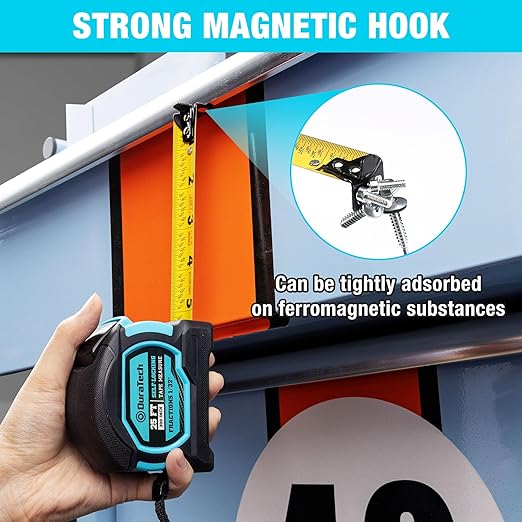 DURATECH 25FT Auto-Lock Tape Measure, Easy Read Magnetic Measuring Tape with Fractions 1/8″, Double Sided Measurement Tape with Minimum Scale 1/32″, Magnetic Hook, and Rubber Protective Casing