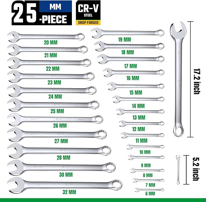 SK Combination Wrench Set, Metric 6 to 32mm, SAE 1/4" to 1-1/4", 42-Piece | SuperKrome Finish, Drop Forged Premium CR-V Steel, 12-Point Wrenches, 15-Degree Offset, with Rolling Pouch