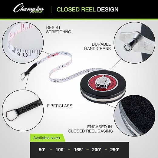 Champion Sports Closed Reel Measure Tape – 200 ft / 60 m, Hand Crank, Dual-Sided Feet & Meters