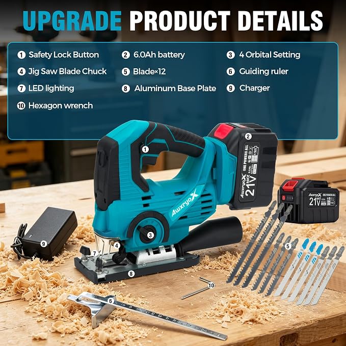 AwxryoX Cordless Jigsaw, 21V Power Electric Jig Saw with 2×6.0Ah Battery,4 Orbital Settings Jigsaw Saw Tool with 12 Blades ±45° Bevel Cuts,3000 RPM,Caladora Eléctrica for Straight/Curve/Circle Cutting