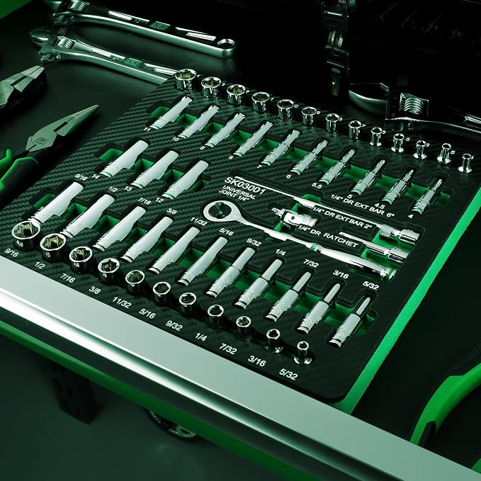 SK 1/4" Drive Socket Set with 90-Tooth Ratchet, 52-Piece, SAE & Metric | SuperKrome Finish, Premium CR-V Steel, Heat Treated, with EVA Foam Tool Organizer