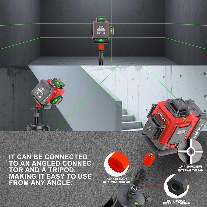 weiddw Laser Level with Tripod, Self Leveling Laser Level 4x360°, Green Line Laser 4D Laser Leveler Tool with 2Pcs Lithium Batteries for Picture Hanging, Tile, Home Renovation, Indoor