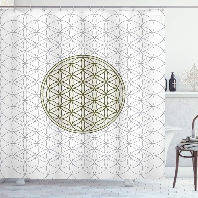 Ambesonne Geometry Shower Curtain, Interlace Circles of Time and Space Theme Vortex Natural Geometry Myth Form, Cloth Fabric Bathroom Decor Set with Hooks, 69" W x 84" L, Army Green