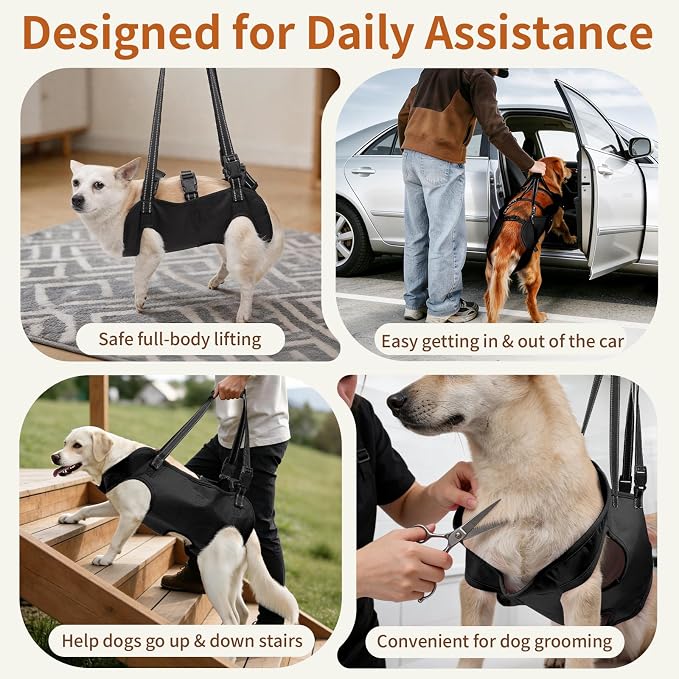 Full Body Dog Lift Harness, Support Senior & Disabled Dogs Walking | Help Up & Down Stairs Grooming, Dog Sling Backpack, Front Hind Leg Joint Injuries, Reflective, Soft Padded Handle | Black, XL